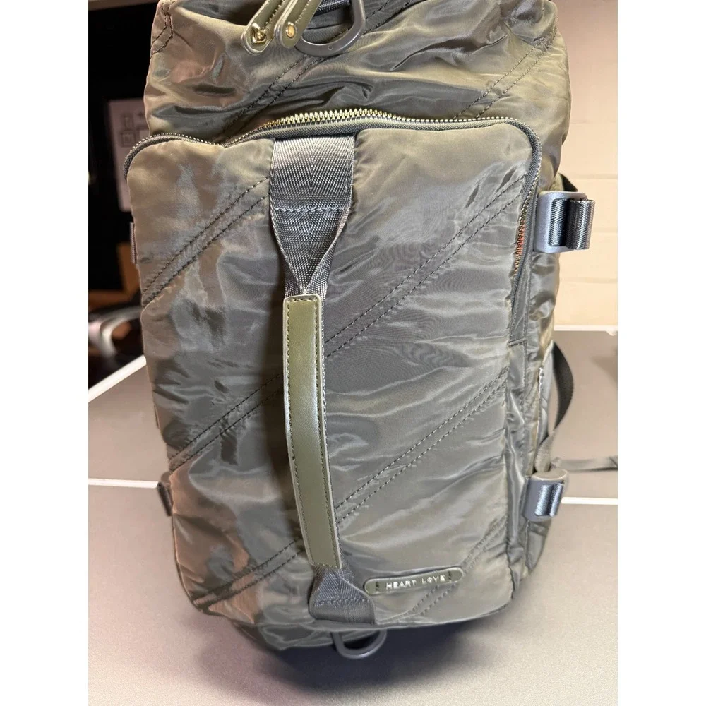 Heart Love‎ Olive Green Nylon Quilted Backpack Utility Tactical Straps Gold Tone